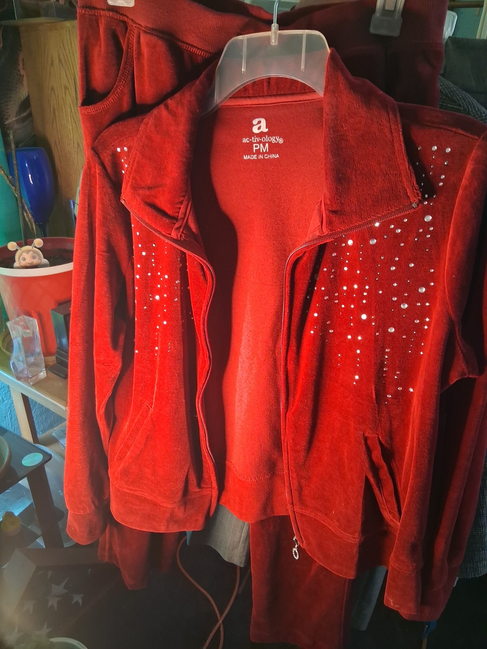 AC-TIV-OLOGY Red Velour Zip Jacket And Pants with Rhinestone Detail